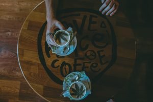 2 cups of cannabis coffee on cafe table