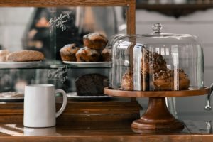 cakes on display in cafe