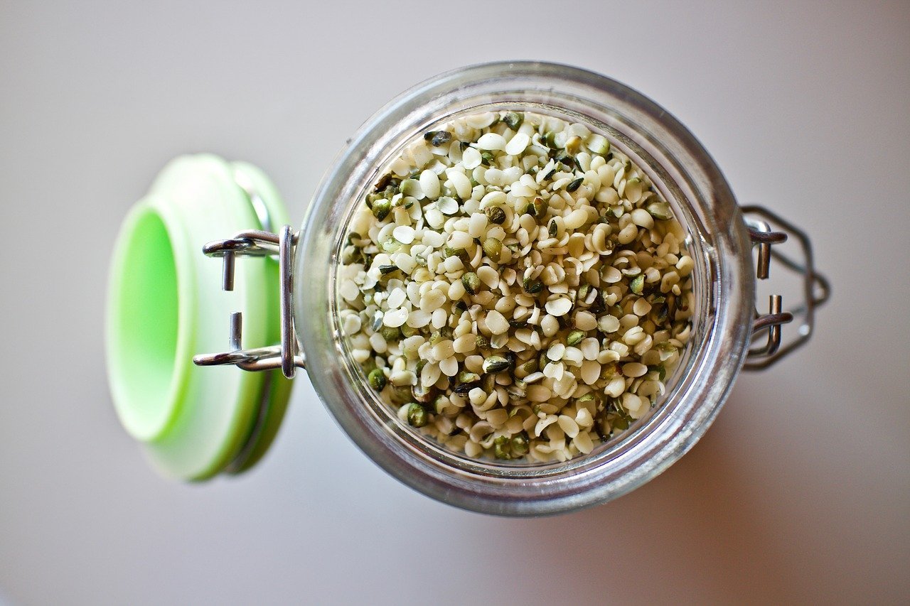hemp-seeds in glass jar